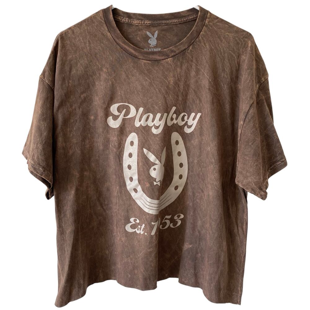 PLAYBOY Brown Tie Dye Graphic Print Cropped Short Sleeve T Shirt Size XL Cotton